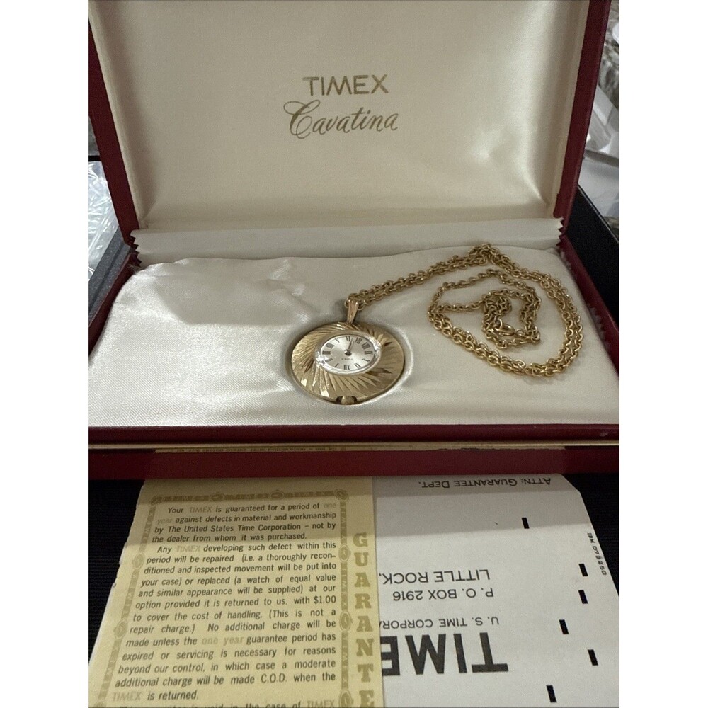 Vtg Timex Cavatina Pendant Necklace Watch Women’s Gold Tone Manual W/Chain & Box